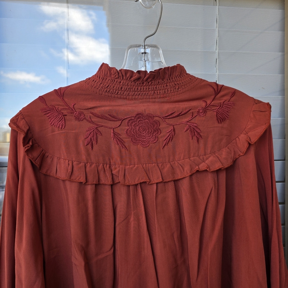Sz S Listicle Rust Long Sleeves Shirt Embroidery Ruffles Pockets Floral Details - Picture 9 of 12